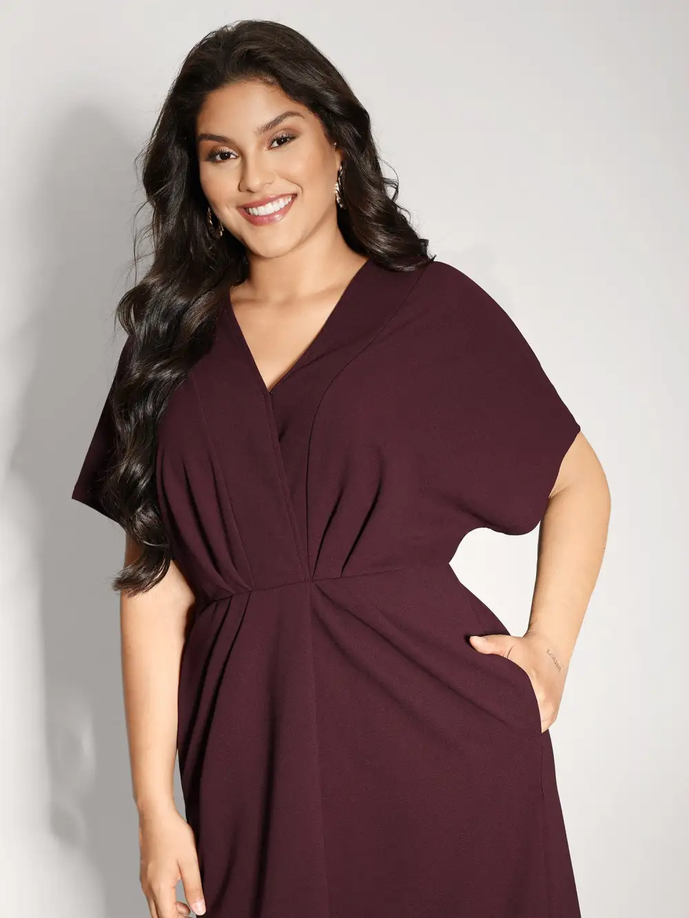 Drapey Ruched V-Neck Midi Dress