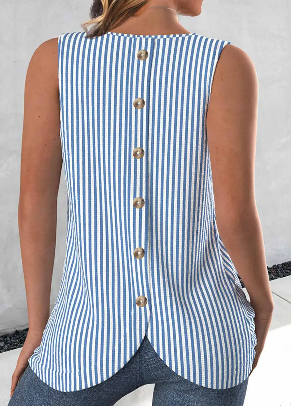 Button Geometric Print Pink Round Neck Sleeveless Tank Top