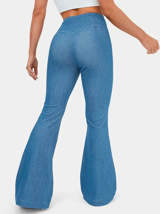 Plain Casual Loose High Waisted Crossover Stretchy Knit Denim Casual Flare Pants