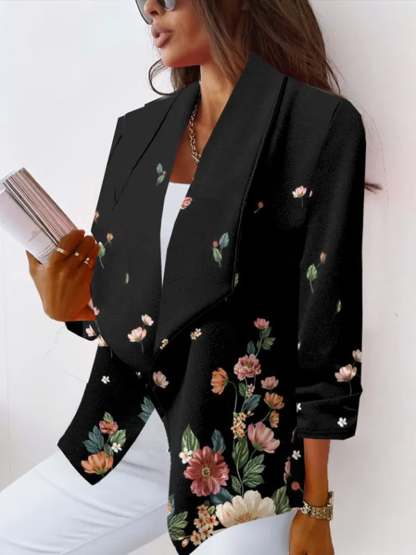 Shawl Collar Long Sleeve Floral Regular Loose Blazer For Women
