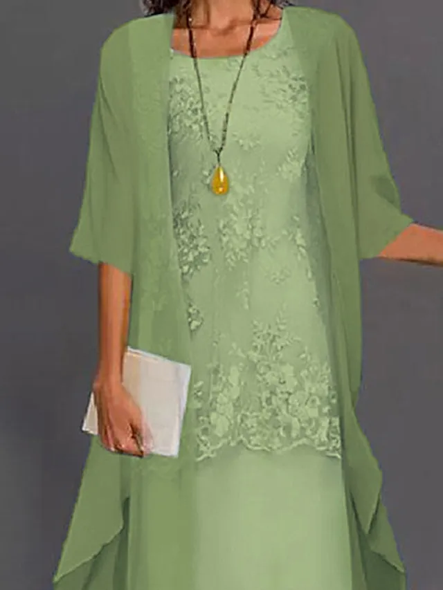 Women's Dress Set Lace Dress Midi Dress Light Blue Green Gray Half Sleeve Floral Embroidered Layered Patchwork Summer Spring Fall Crew Neck Elegant Chinoiserie 2023 M L XL XXL XXXL 4XL 5XL