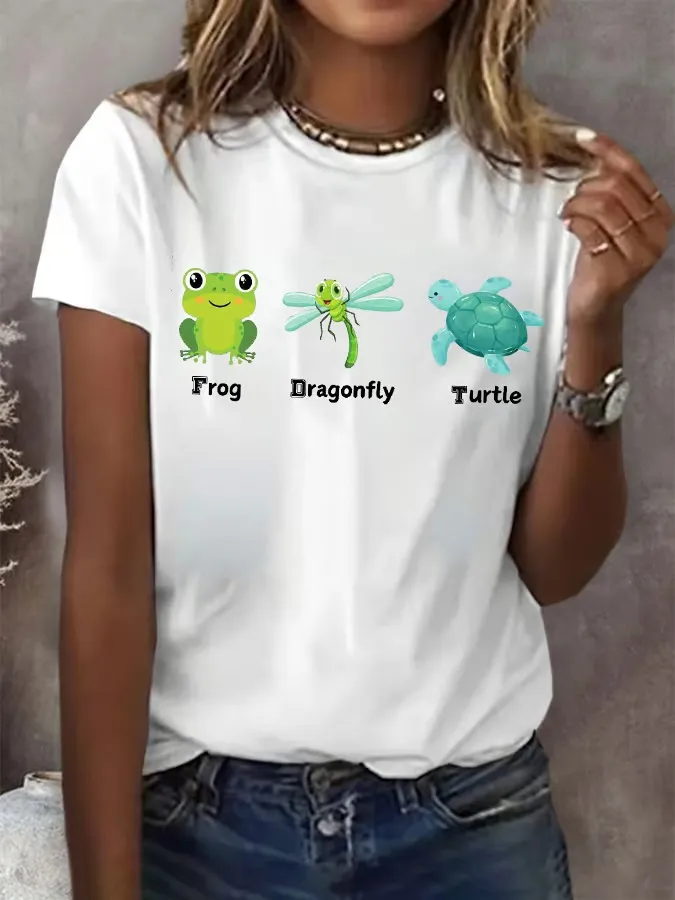 Women'S T-Shirt Women'S Frog Dragonfly Turtle Print Round Neck T-Shirt