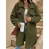 Women's Sherpa Jacket Comfortable Breathable Pocket Buttons Casual Plain Vacation Street Casual Daily Wear Single Breasted Long Turndown Loose Fit Long Sleeve Outerwear Black White Red Spring Fall