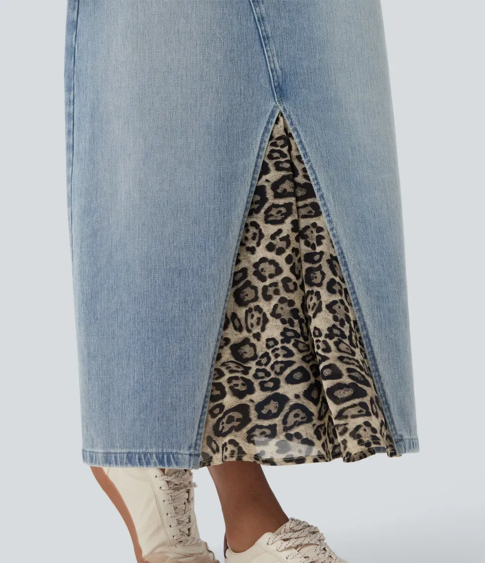 Halara FlexTM Mid Rise Contrast Leopard Mesh Midi Denim Casual A-line Skirt with Pockets