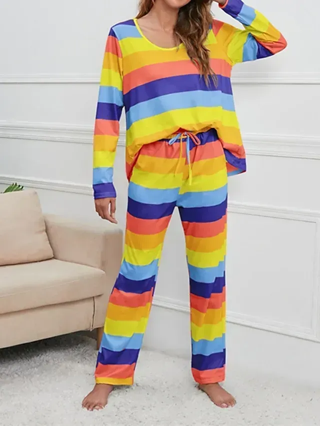 Women's Plus Size Pajamas Sets Nighty Pjs 2 Pieces Rainbow Stripe Fashion Comfort Soft Home Daily Bed Cotton Breathable V Wire Long Sleeve T shirt Tee Pant Fall Spring Blue Yellow