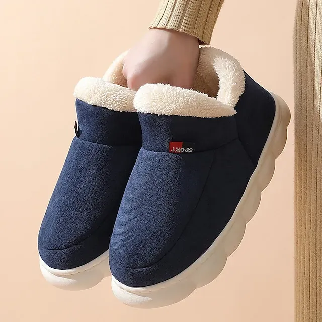 Men's Women's Flats Slippers Fuzzy Slippers Fluffy Slippers House Slippers Home Daily Indoor Solid Color Winter Flat Heel Round Toe Casual Comfort Minimalism Satin Faux Suede Loafer Wine Navy Blue