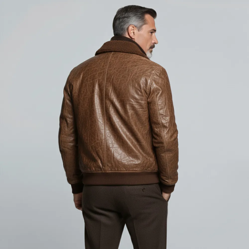 Men's Brown Plush Shirt Collar Long Sleeve Crocodile Flap Pockets Zipper PU Leather Jacket