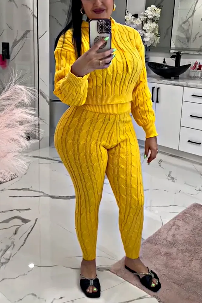 Women's Solid Knitted Texture Top and Pants Two Piece Set