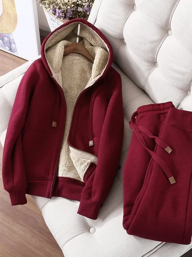 Women's Sweatshirt Tracksuit Pants Sets Black Red Blue Solid Color Zipper Drawstring Long Sleeve Sport Vacation Streetwear Sherpa Fleece Teddy Hooded Regular Fit Fall & Winter
