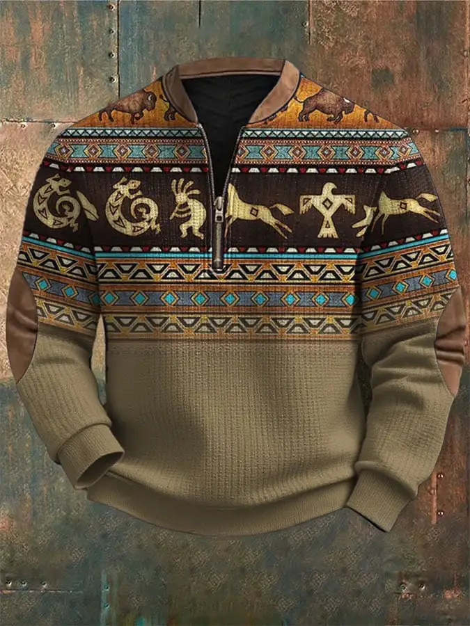 Men's Retro Western Contrast Print Zip-Neck Sweatshirt