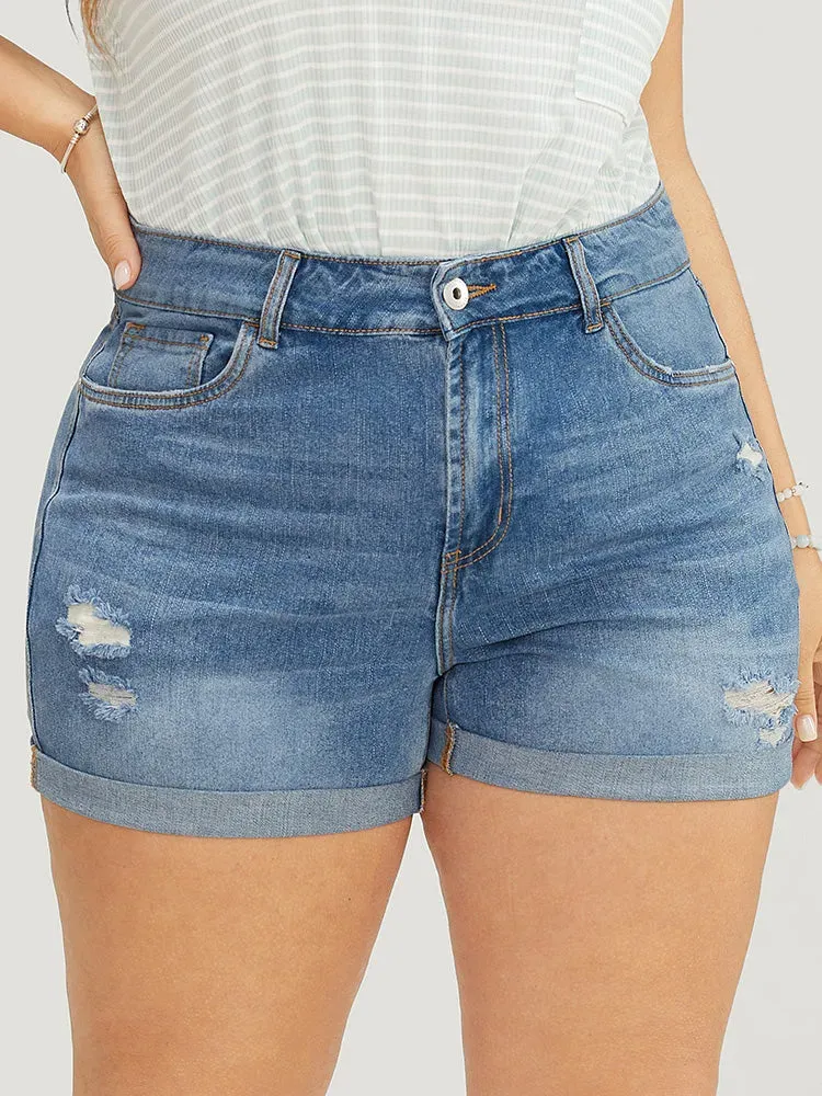 Skinny Very Stretchy Light Wash Roll Hem Distressed Denim Shorts