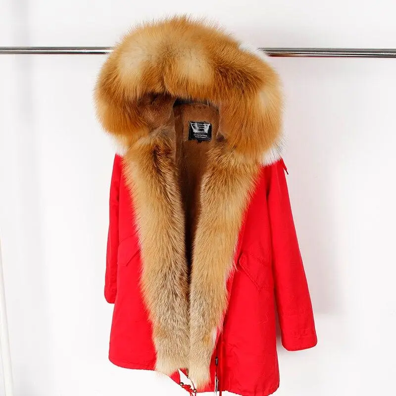 Women's Parka Natural Fox Fur Long Coat Artificial Fur Lining Fur