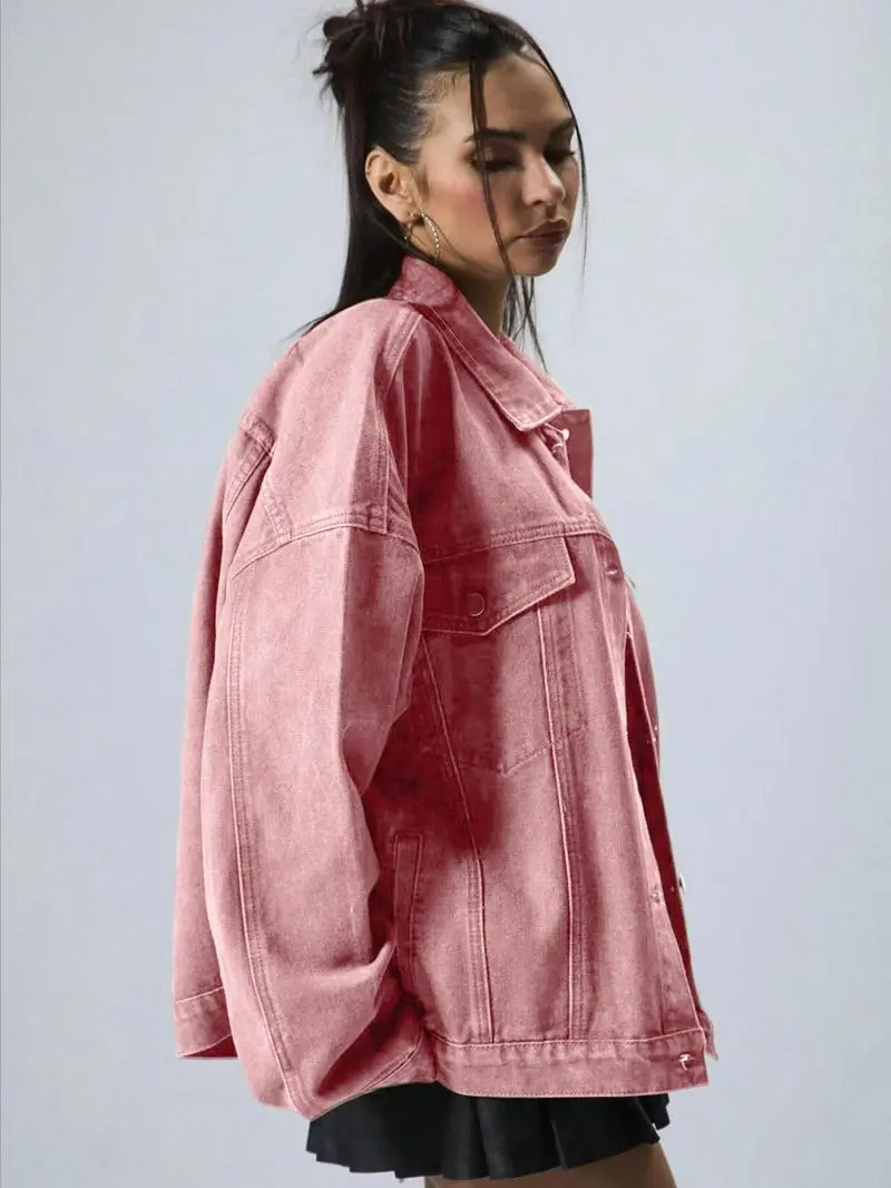 Women's Plain Button Front Drop Shoulder Denim Coat, Casual Fitted Long Sleeve Collared Pocket Outerwear for Daily Wear
