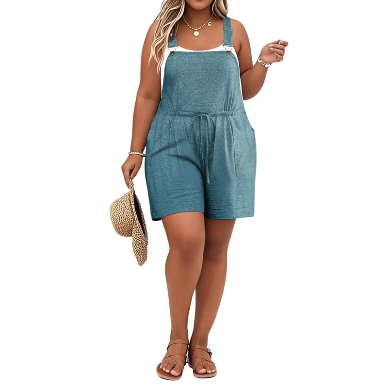 Women's Plus Size Drawstring Romper – Sleeveless Casual Jumpsuit with Pockets
