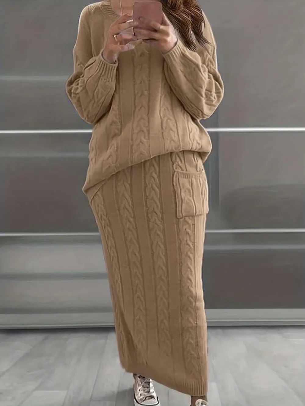 Women's Cable Knit Sweater & Pocket Skirt Set – Casual Long Sleeve Round Neck Jumper & Long Skirt for Fall