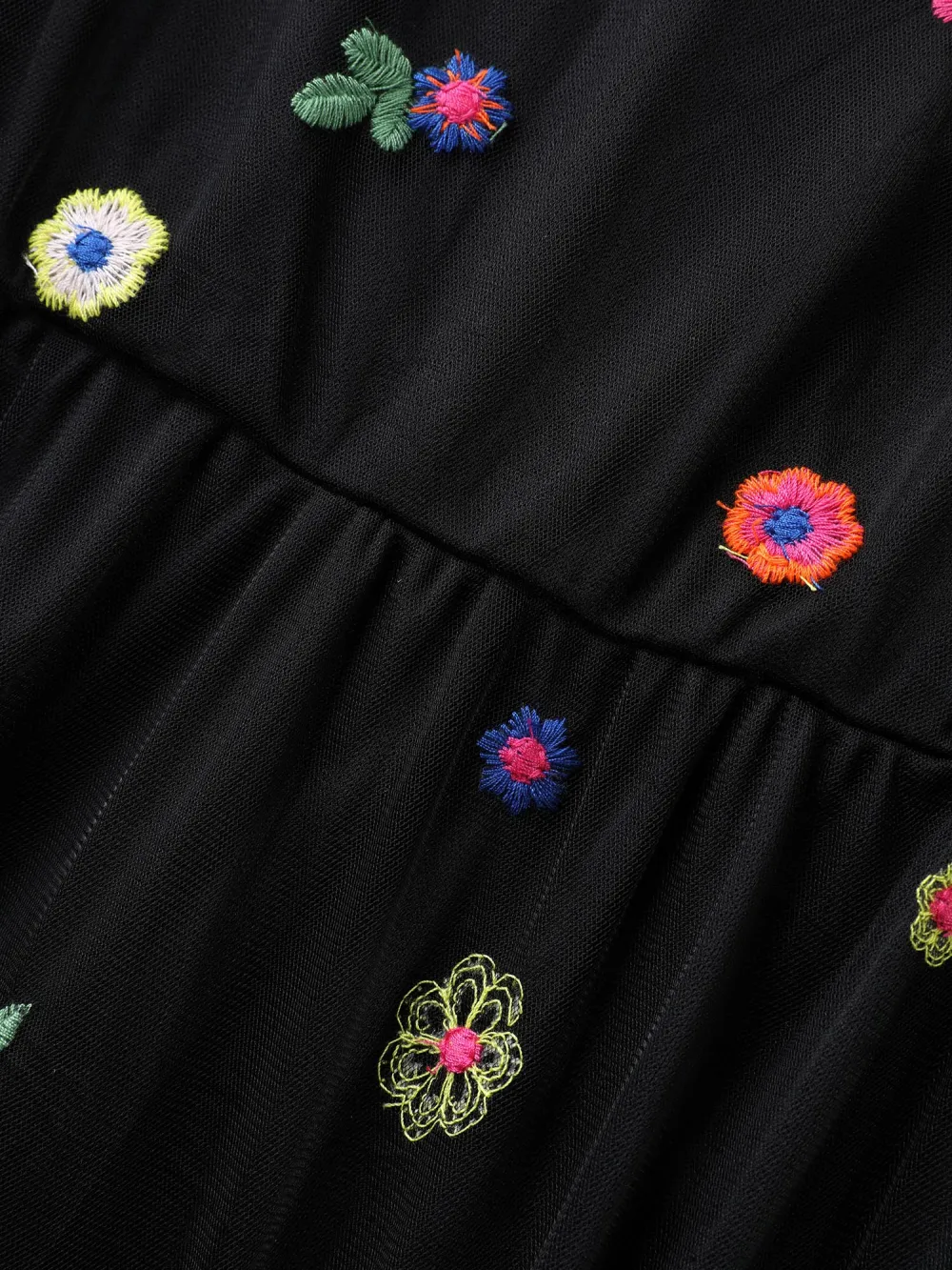 Floral Mesh Embroidery Babydoll Blouse