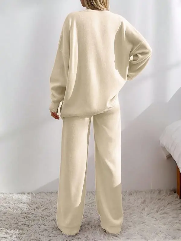 Women's V-Neck Button Cardigan & Wide-Leg Pants Set