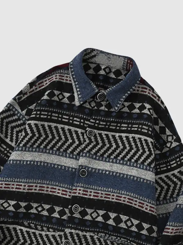 Men's geometric ethnic style blend wool shirt jacket