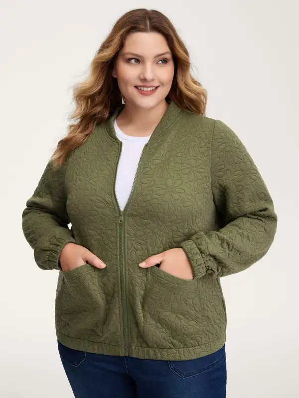 Floral Textured Zipper Front Jacket