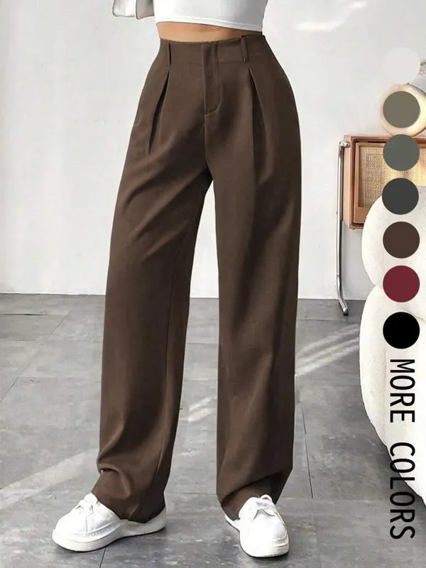 Women's Solid Color Plicated Pocket Wide Leg Pants, Elegant Zipper Fly Trousers for Work Office Business, Ladies Spring & Fall Clothes
