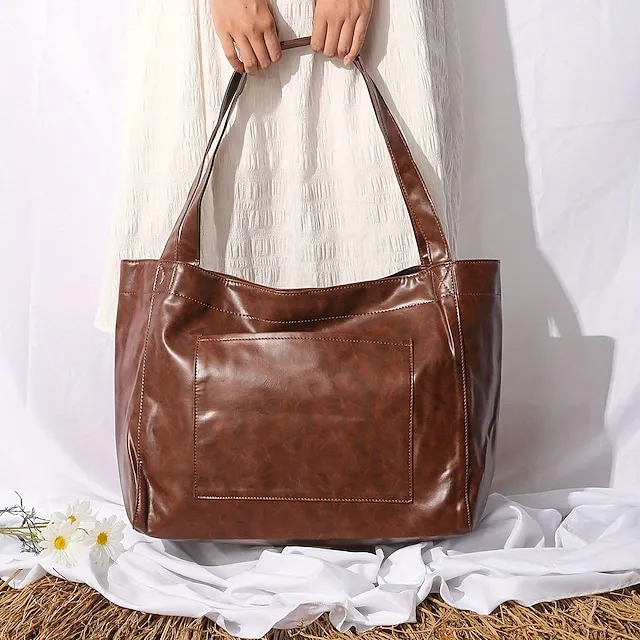 Women's Large Capacity Tote PU Leather Daily Holiday Large Capacity Waterproof Durable Solid Color Black White Yellow