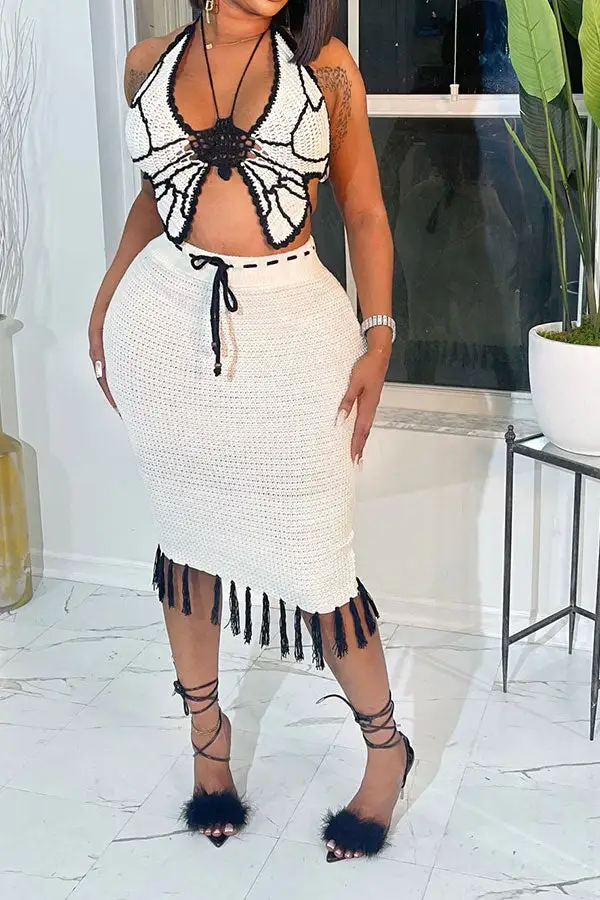 Crochet Butterfly Patchwork Tassel Dress Set