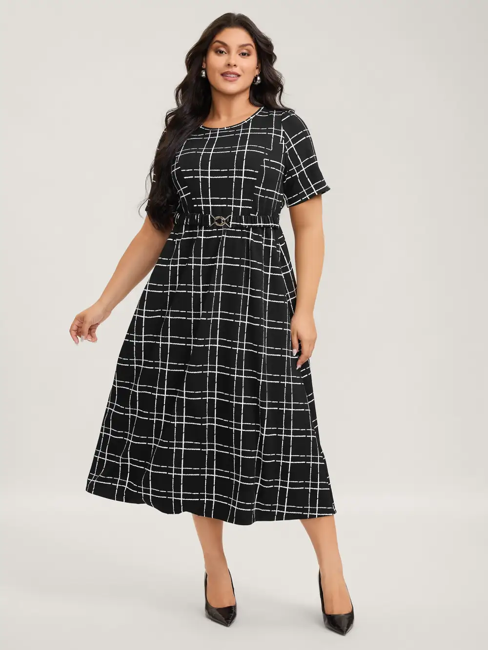 Grid Print Knit Belted Maxi Dress