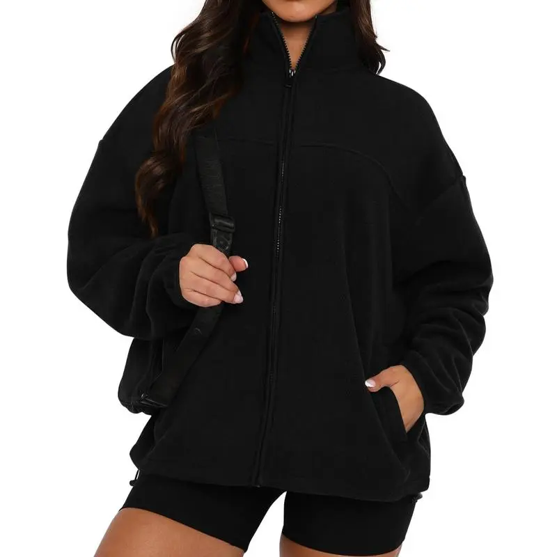 Women’s Fleece Zip-Up Jacket – Baggy Stand Collar with Pockets, Fall/Winter