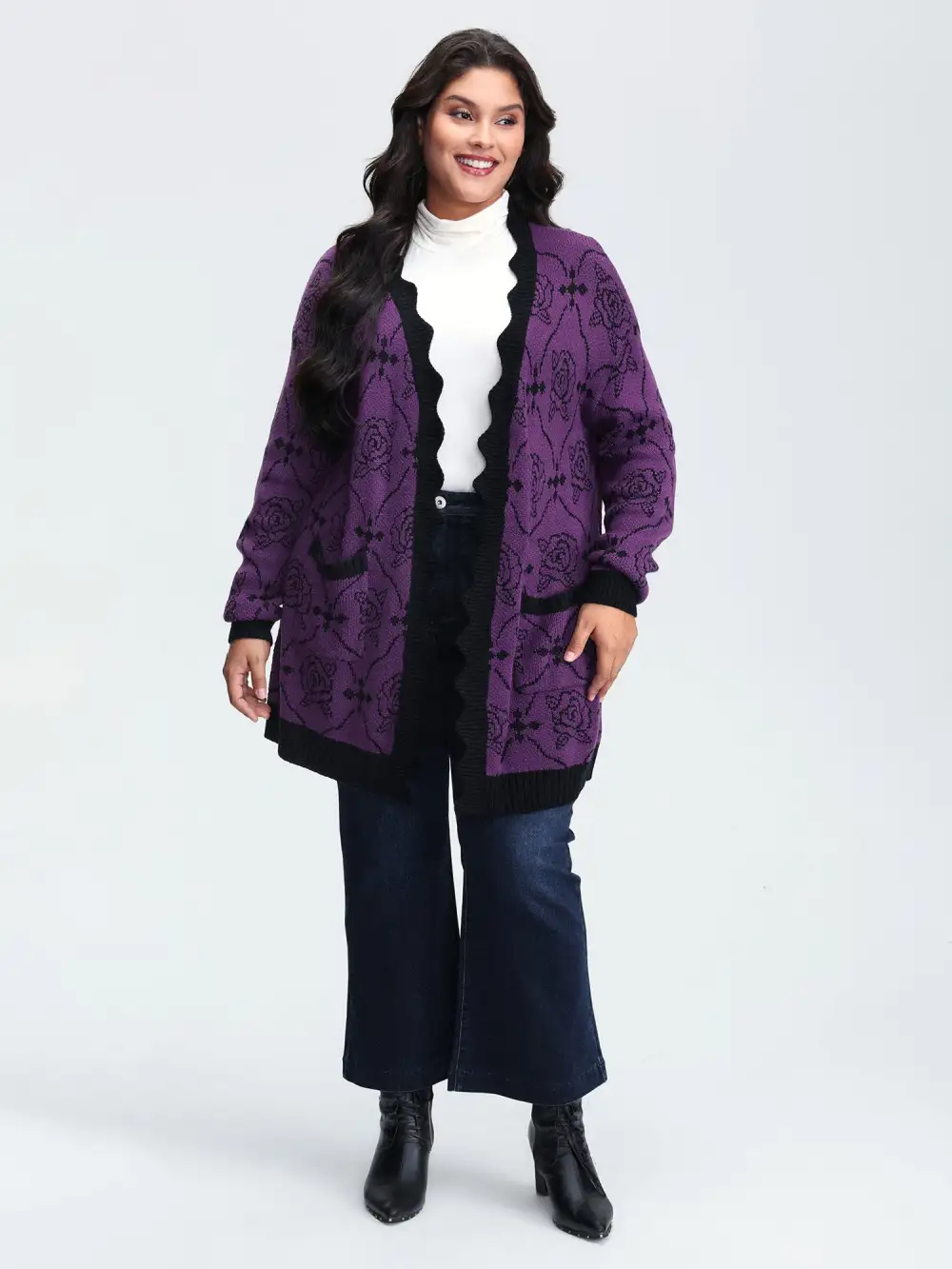 Floral Pattern Scalloped Collar Knit Cardigan