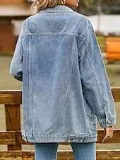 Women's Denim Jacket Outdoor Street Daily Wear Fall Winter Regular Coat Regular Fit Thermal Warm Breathable Stylish Casual Jacket Long Sleeve Solid Color with Pockets Light Blue Black Pink