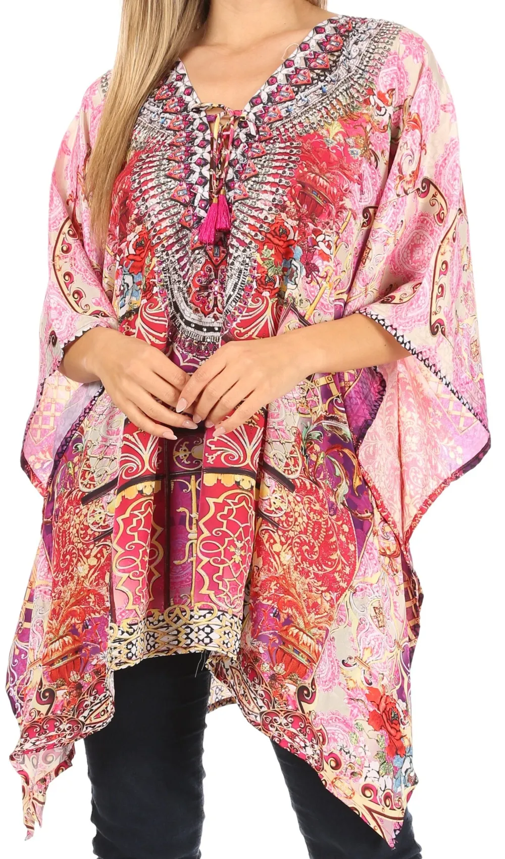 Women's Caftan Poncho Cover up V neck Top Lace up With Rhinestone