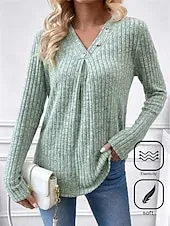 Women's T Shirt Plain Fashion Modern Casual Long Sleeve V Neck Regular Tops Daily Weekend Buttons Red Green Fall Winter