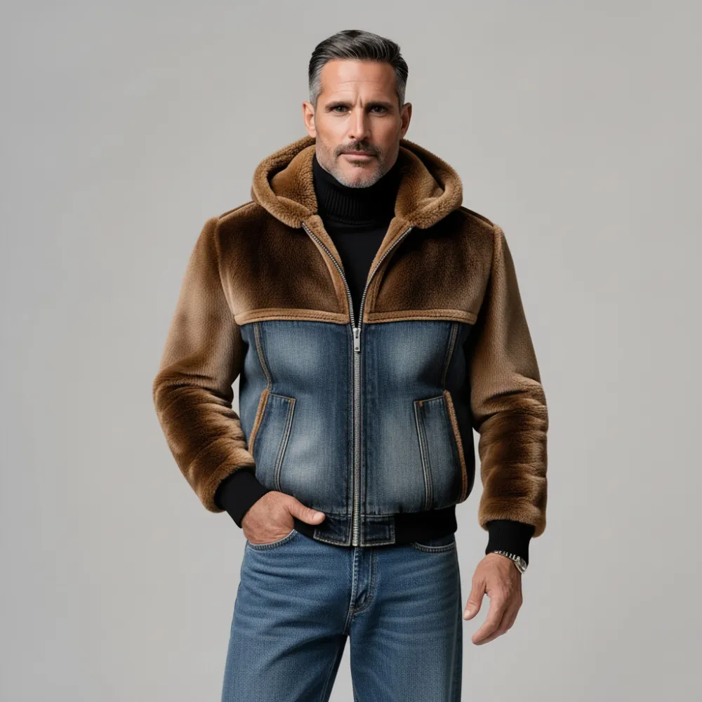 Men's Brown And Blue Denim Patchwork Artificial Shearling Long Sleeve Hooded Zip-Up Jacket