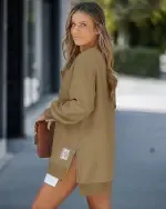 Long Sleeve Pullover Sweatshirt Zipper Slit Casual Dress