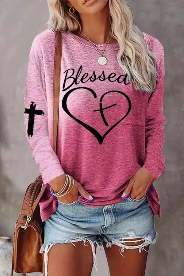Colorblock Letter Cross Print Casual Top