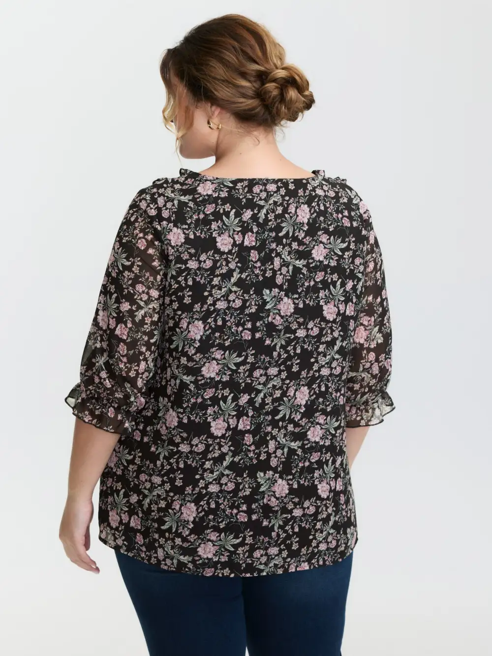 Chiffon Floral Print Ruffled Neck Flowy Shirt