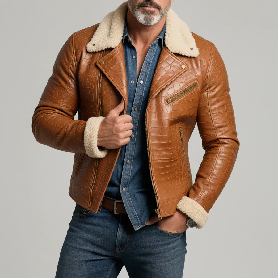 Men's Brown PU Leather Crocodile Pattern Shearling Collar Long Sleeve Zipper Jacket