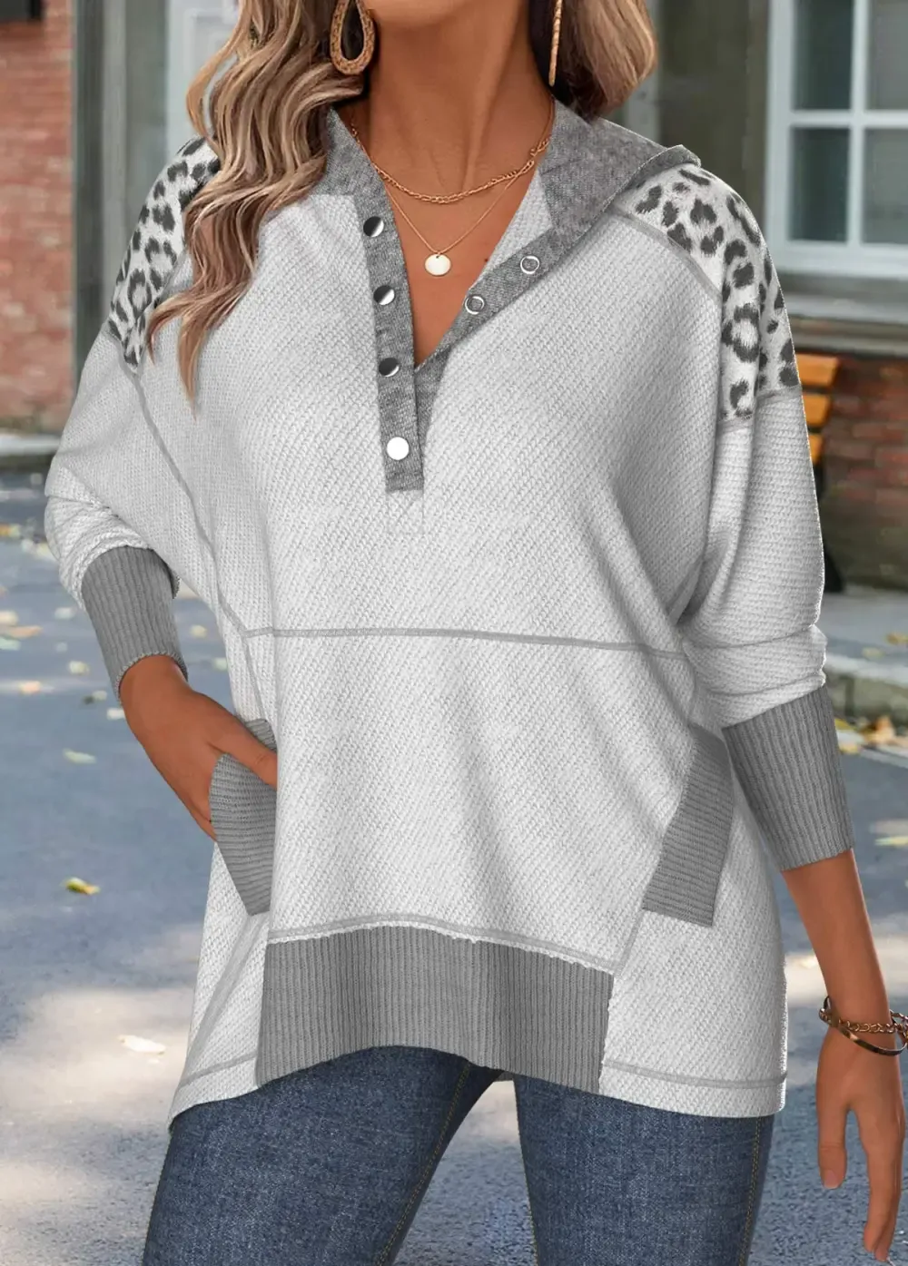 Grey Tummy Coverage Leopard Long Sleeve Hoodie