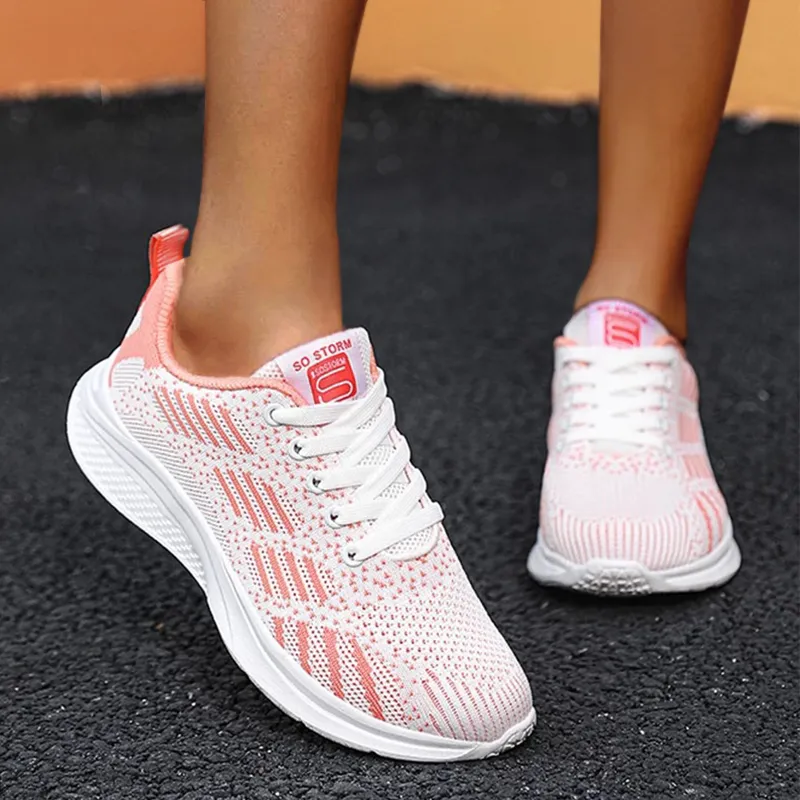 Platform Flats Air Mesh Bandage Shoes Casual Sports Women Pink Sneakers