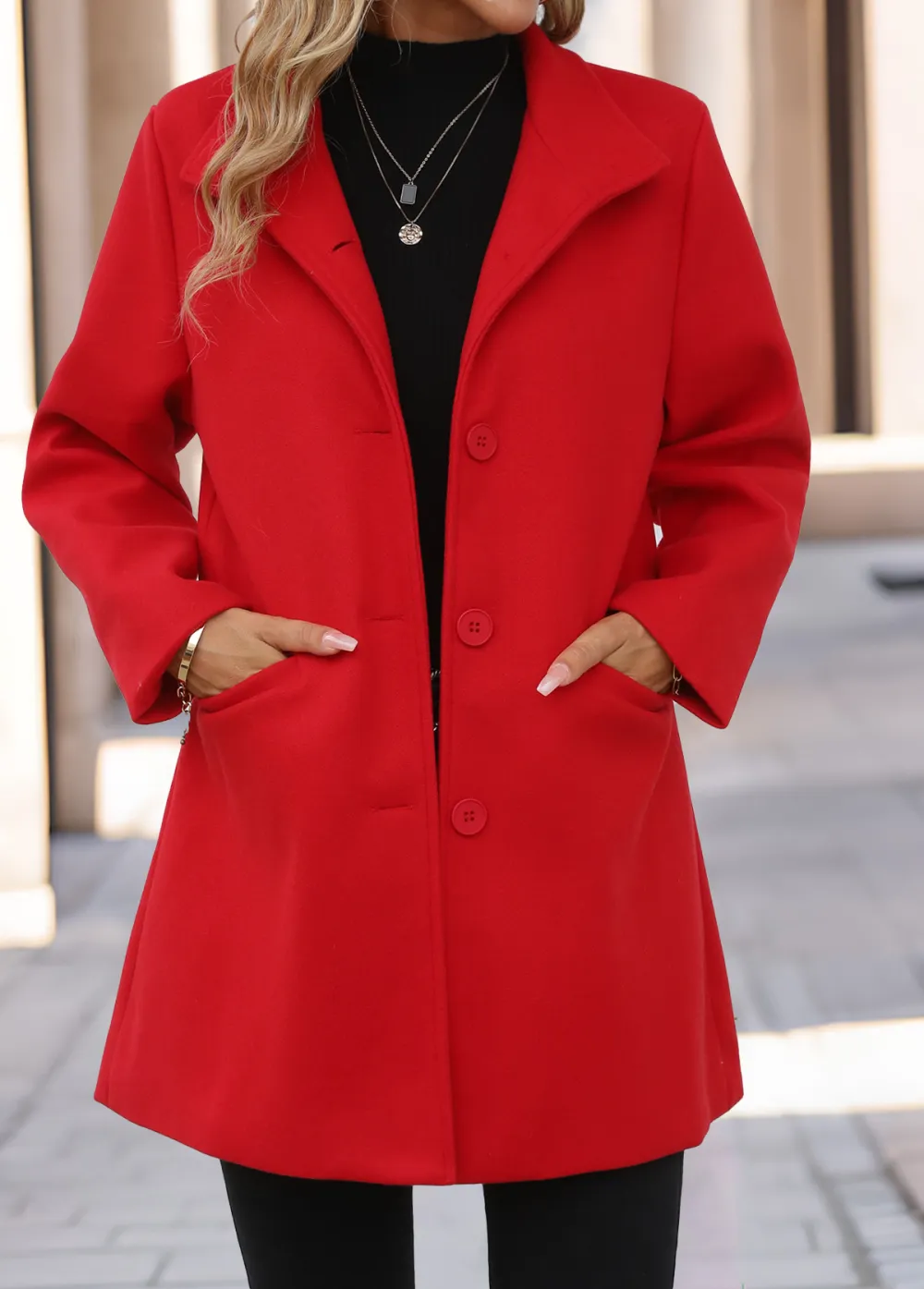 Red Pocket Long Sleeve Turn Down Collar Jacket