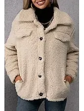 Women's Sherpa Jacket Comfortable Breathable Pocket Buttons Casual Plain Vacation Street Casual Daily Wear Single Breasted Short Turndown Regular Fit Long Sleeve Outerwear Khaki Army Green Dark Gray