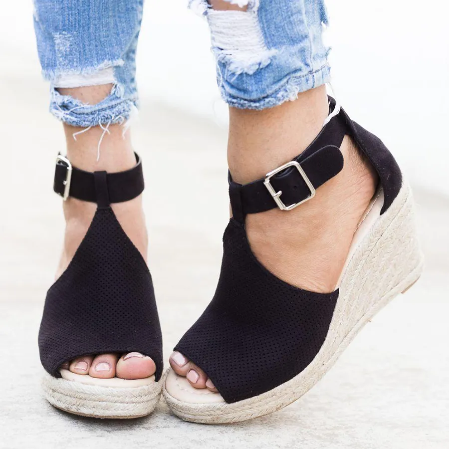 Plain Velvet Peep Toe Date Wedge Sandals
