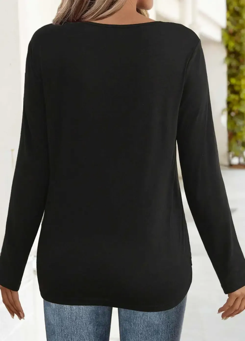 Black 3/4 Sleeve Square Neck T Shirt