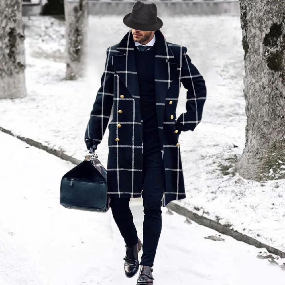 Mens Black Plaid Double-breasted Lapel Coat