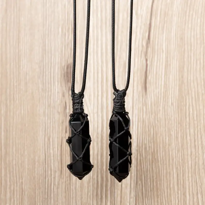 Black Obsidian Pendant Necklace-Obsidian Stone Hexagon Point Wrapped Necklace for Men-Obsidian Healing Crystal Necklace for Women