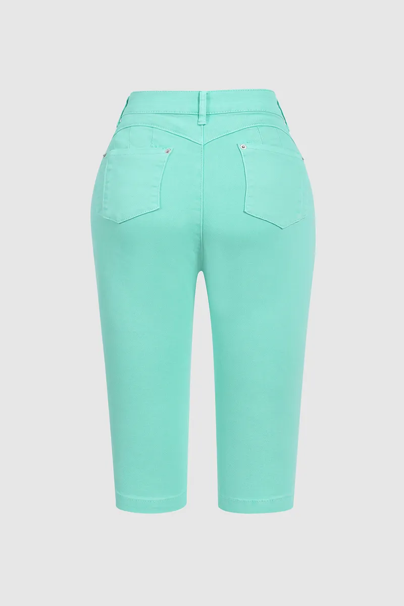 Solid Button Fly High Waist Capri Jeans