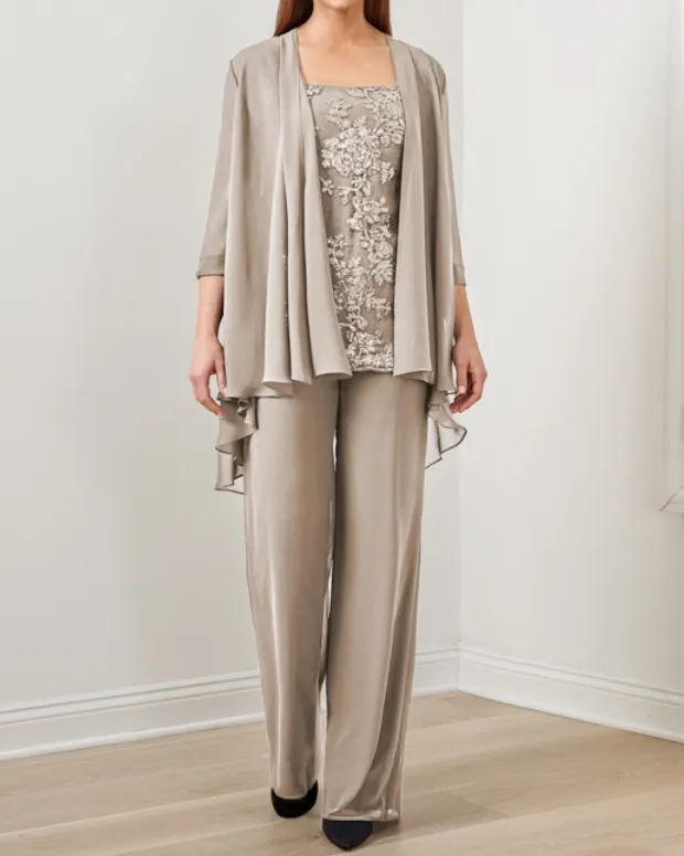 Suit Sequined Chiffon Embroidered Top + Chiffon Long Pants