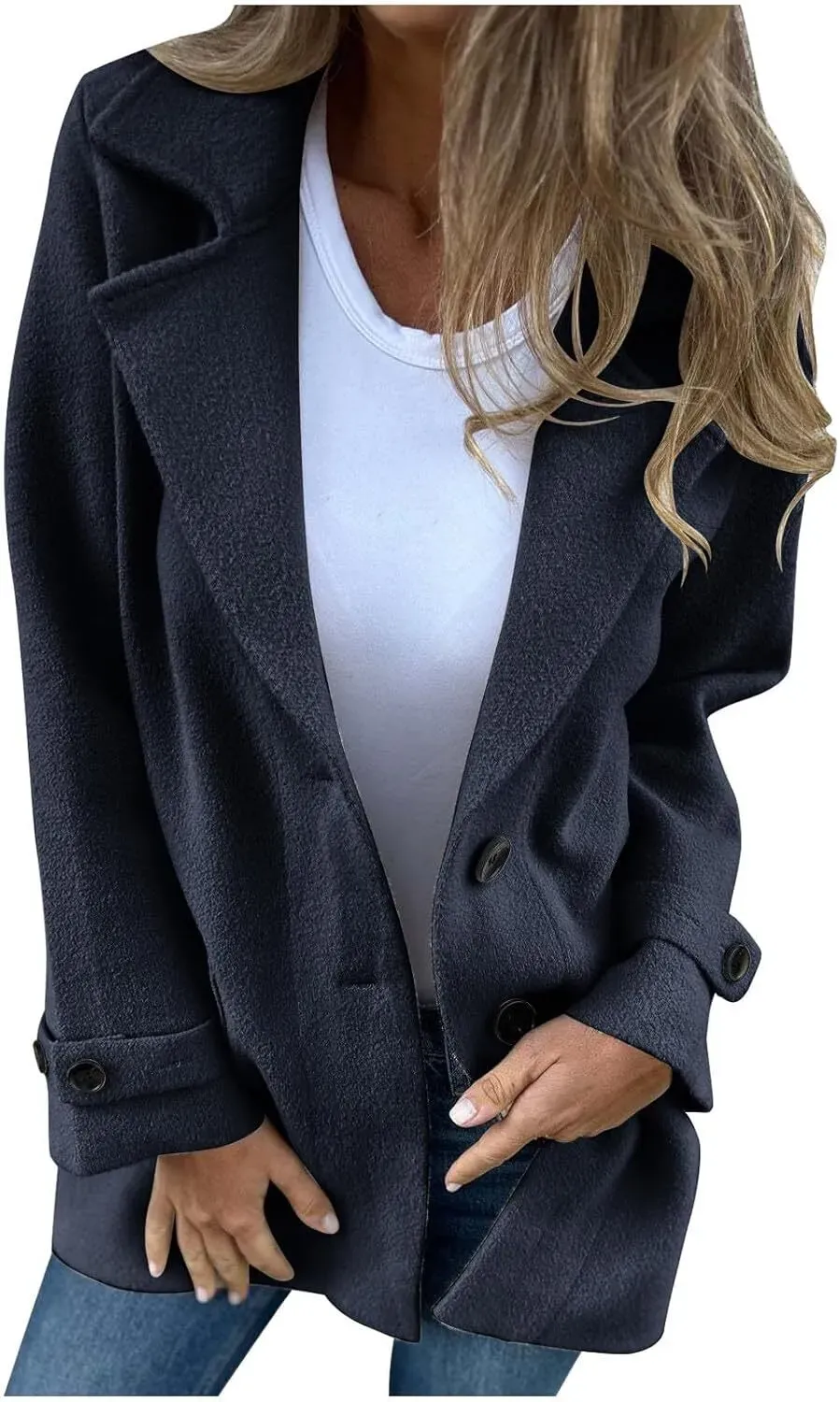 Women Wool Blend Coat 2024 Fall Lapel Single Breasted Mid Length Trench Coat Jacket Open Front Solid Long Sleeve Jacket