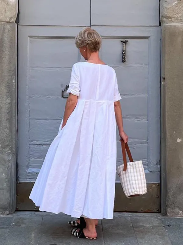 Women's Solid Color Pleated Long Sleeve Dress