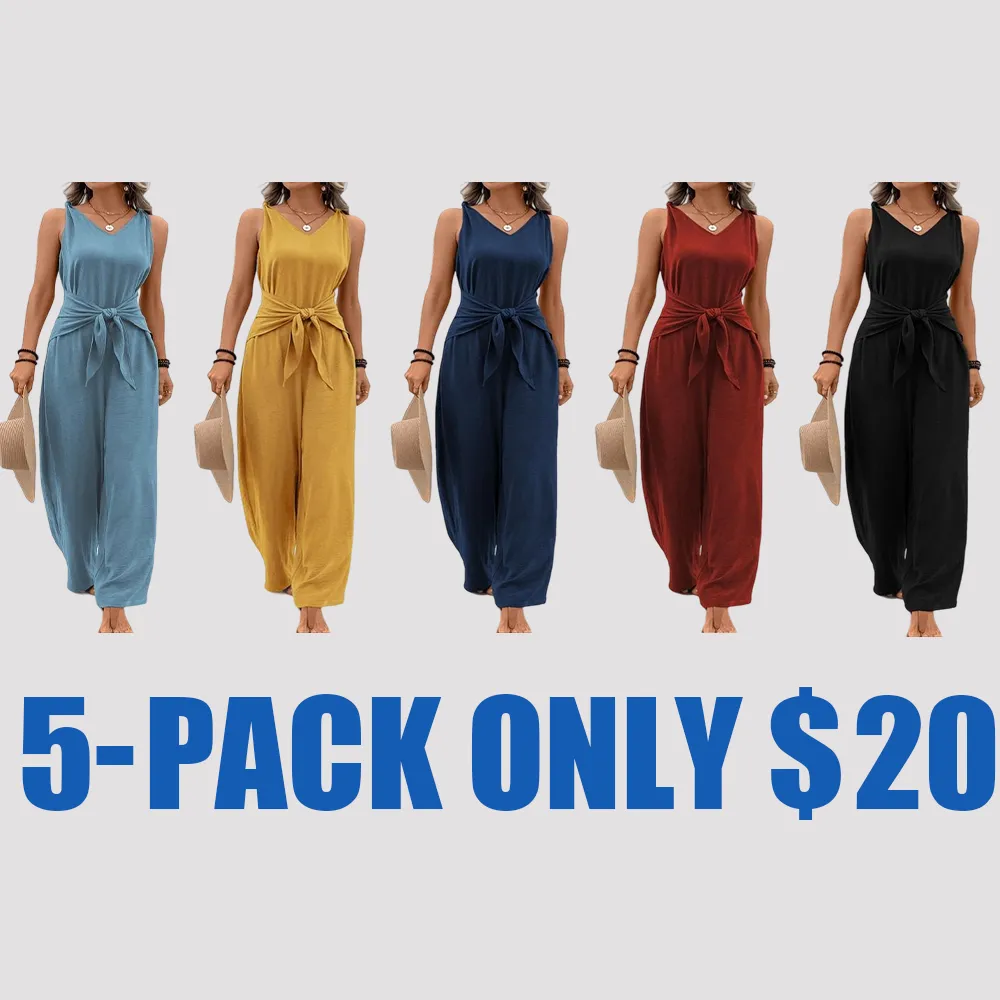 Women's Tie Shoulder V-Neck Jumpsuit – Sleeveless Casual Summer Romper, Solid Color One-Piece Outfit